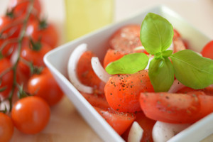 Schälchen mit geschnittenen Tomaten und Zwiebeln